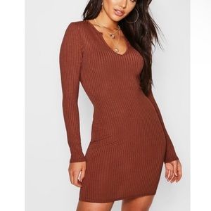 Boohoo brown notched v neck collar ribbed bodycon dress 10